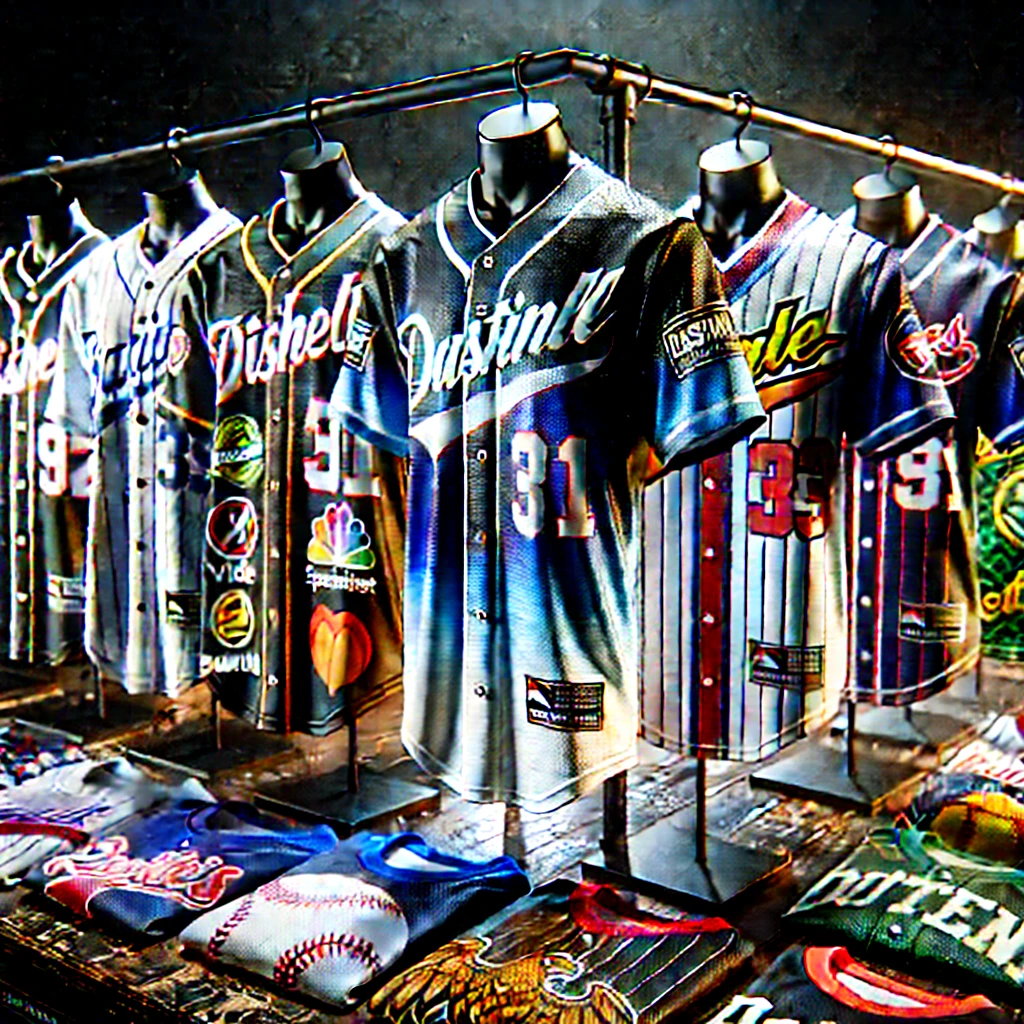 A set of high-quality baseball jerseys on display, featuring advanced customization options. The jerseys showcase vivid, sublimated, fade-resistant graphics with sponsor logos, player numbers, and team designs. The collection includes a mix of traditional full-button and pullover styles, arranged on mannequins and tables, highlighting the vibrant colors, detailed printing, and durable materials.