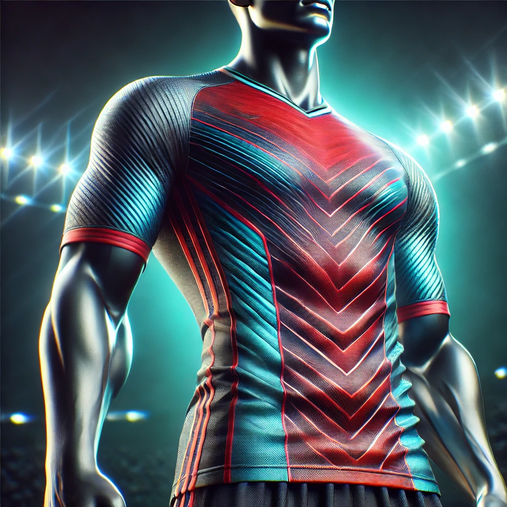 A highly realistic, detailed image of a high-performance sports uniform displayed on a mannequin. The uniform features smooth, durable polyester fabric with moisture-wicking and quick-dry technology. The vibrant red and blue design is accented by UV protection features, suitable for intense outdoor sports, under stadium lighting.